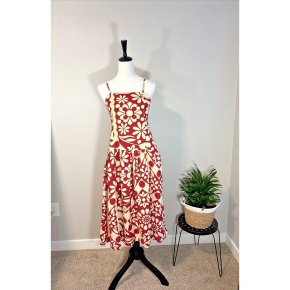 Girl Soul 100% Cotton Red-Tan Medi Dress Women's Sz M Boho Spring Summer Floral - Picture 2 of 14